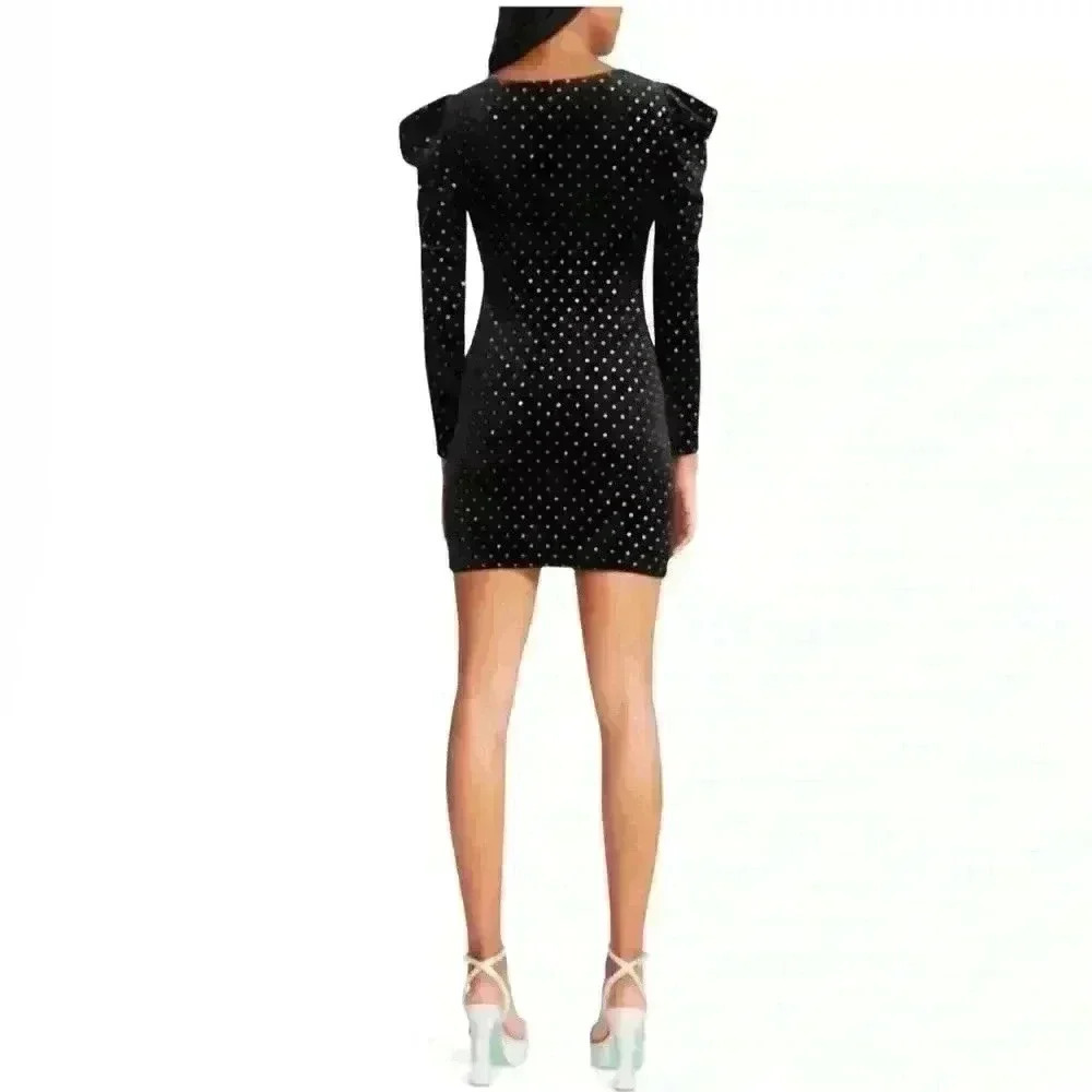 Betsey Johnson Power Sleeve Black Silver Dot Velvet Dress - Size M - Picture 2 of 3